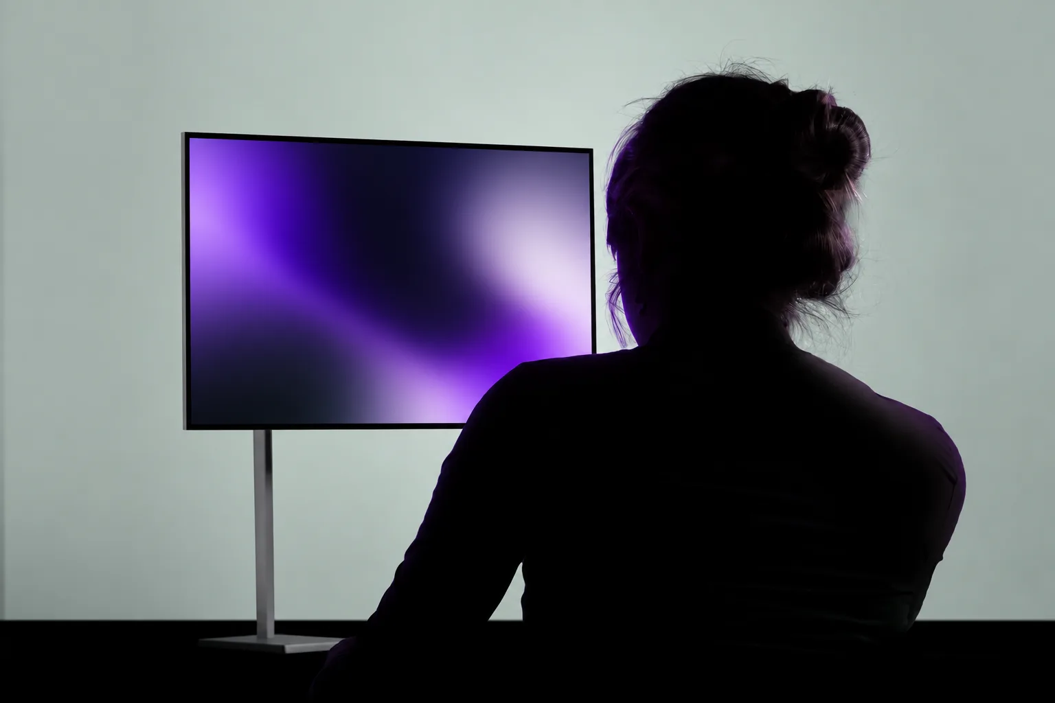 A silhouetted person reviewing a restrained purple system display, representing monitoring and recovery planning