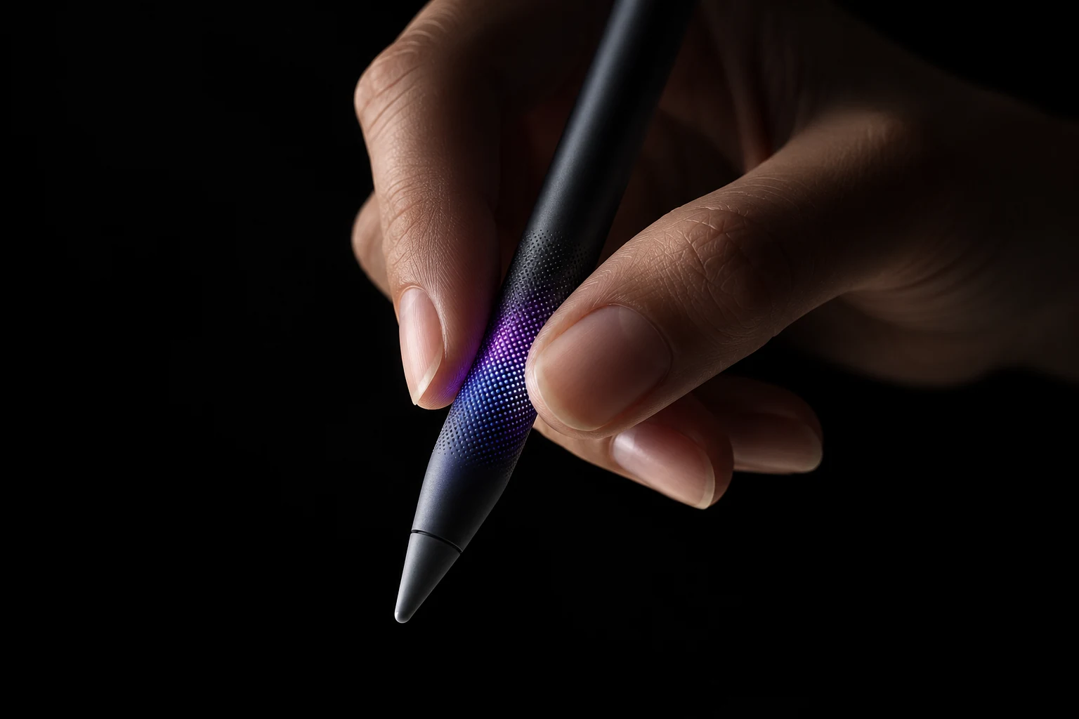 Concept image of a feminine hand holding a stylus in deep sculptural shadow