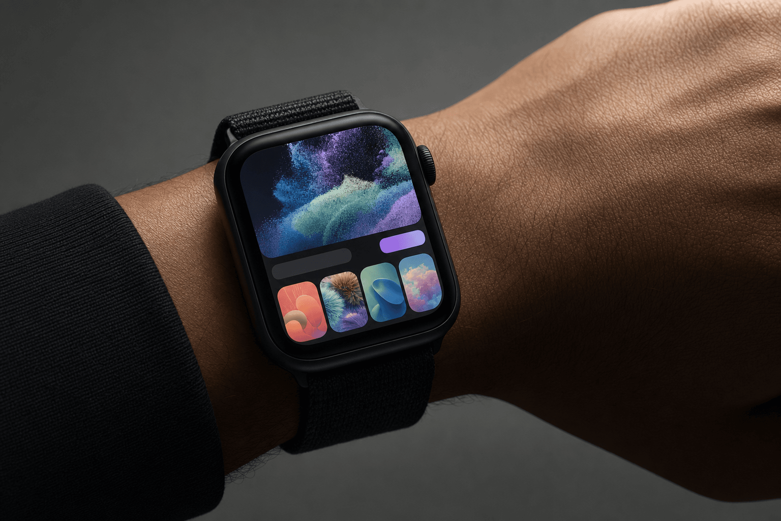 Smartwatch displaying AI image generation interface on wrist