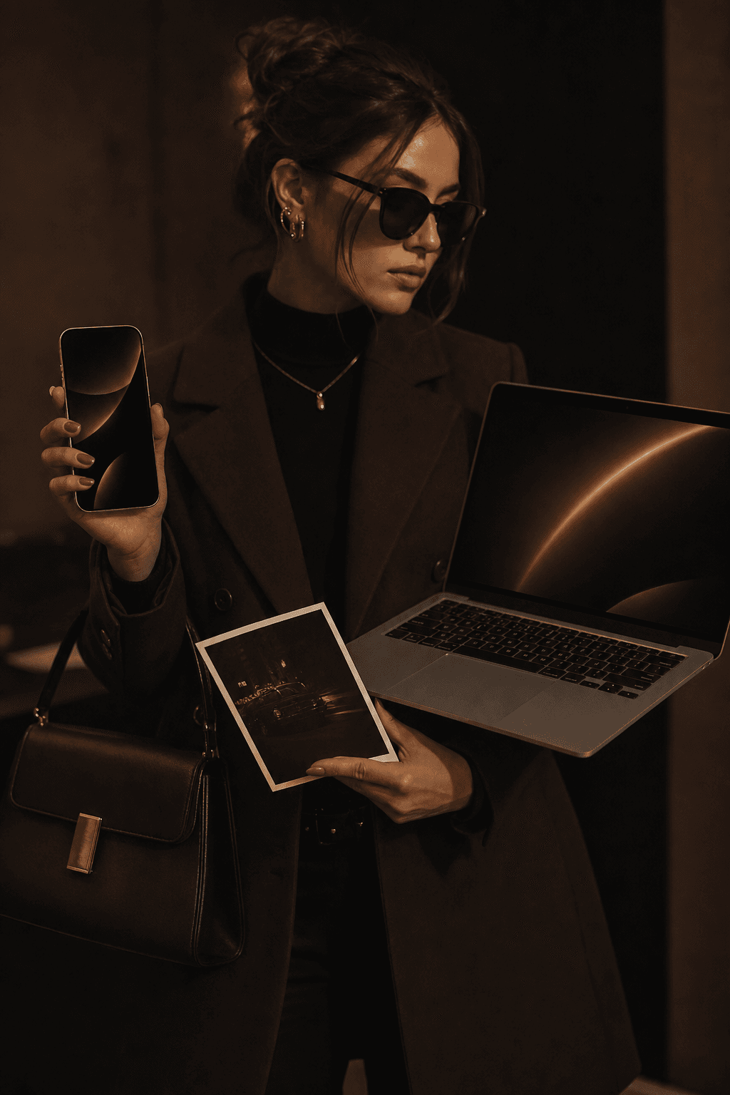 Person holding phone and laptop in editorial multi-device lifestyle composition