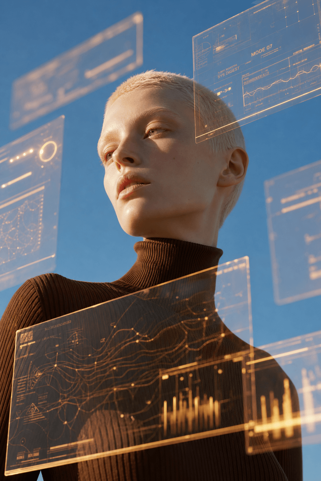 Person against blue sky with semi-transparent UI panels floating in front of their face, warm gold amber palette, surreal fashion-tech composition