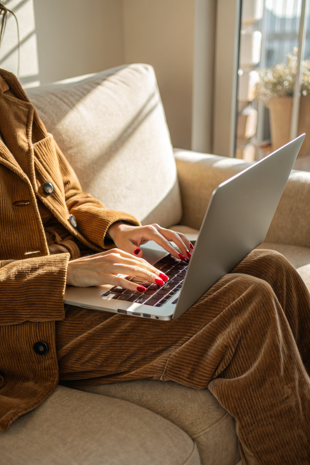 Person typing on laptop on beige sofa in warm corduroy outfit