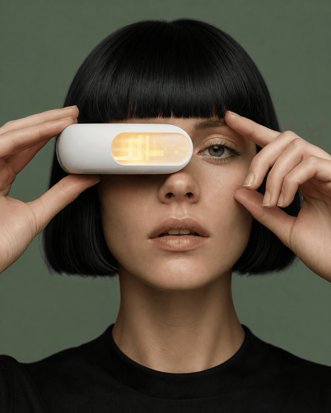 Close-up portrait of person with sleek AR device over one eye, muted green background, surreal futuristic minimalist