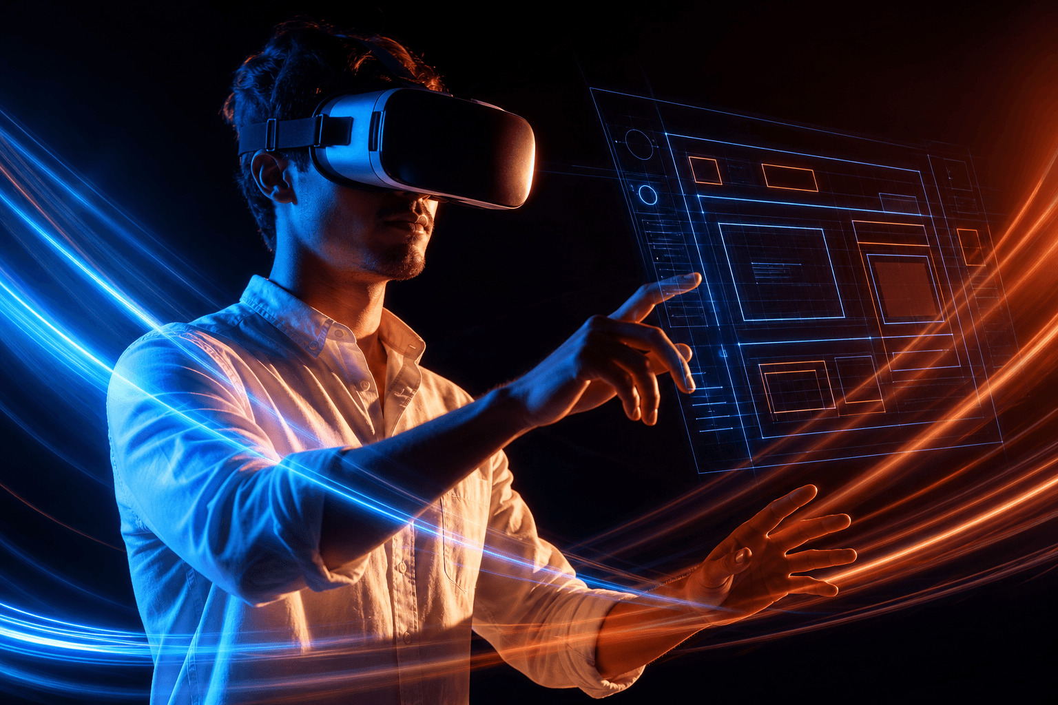 Person wearing VR headset with holographic design canvas in neon-lit studio