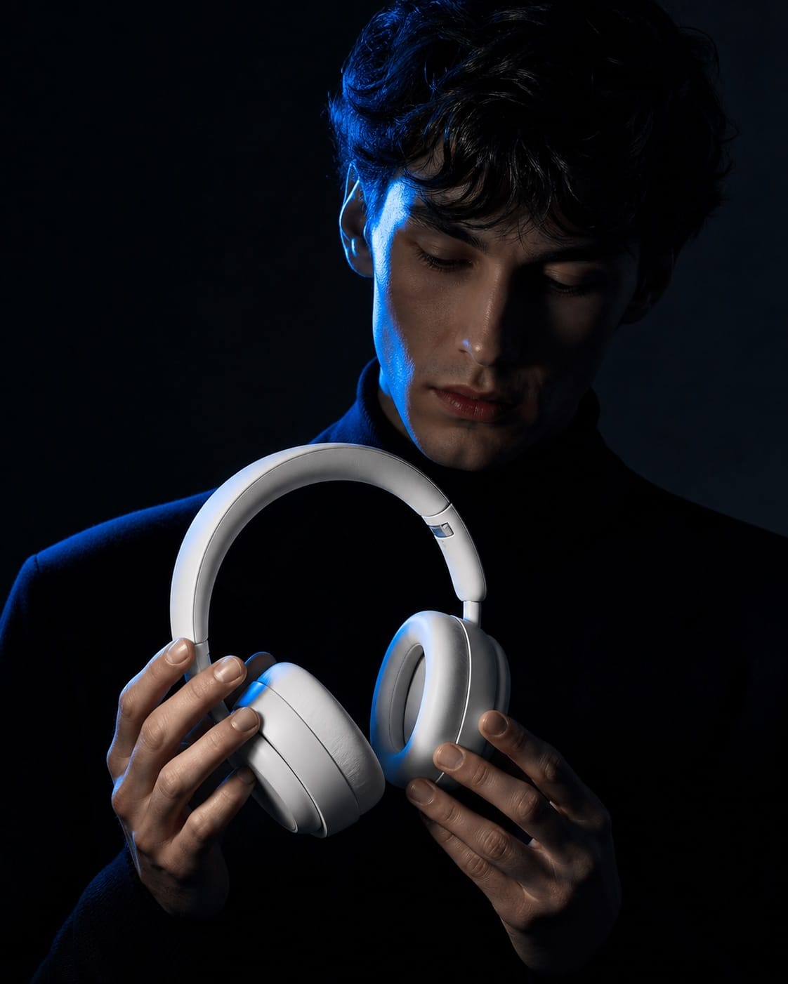 Person holding white headphones in dark minimalist outfit with dramatic lighting