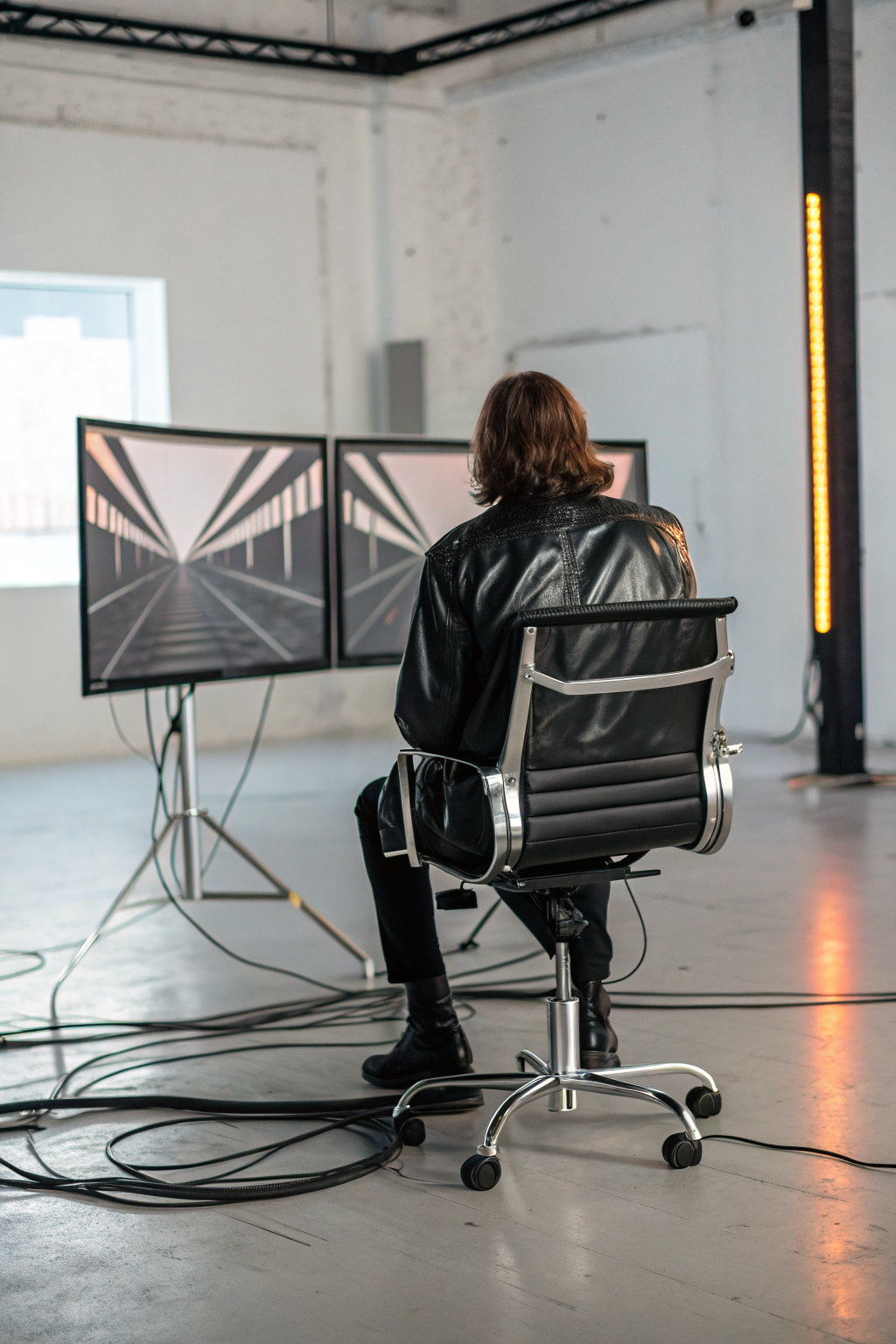 Person seated facing dual monitors in minimalist white room rear view fashion-editorial tech workspace