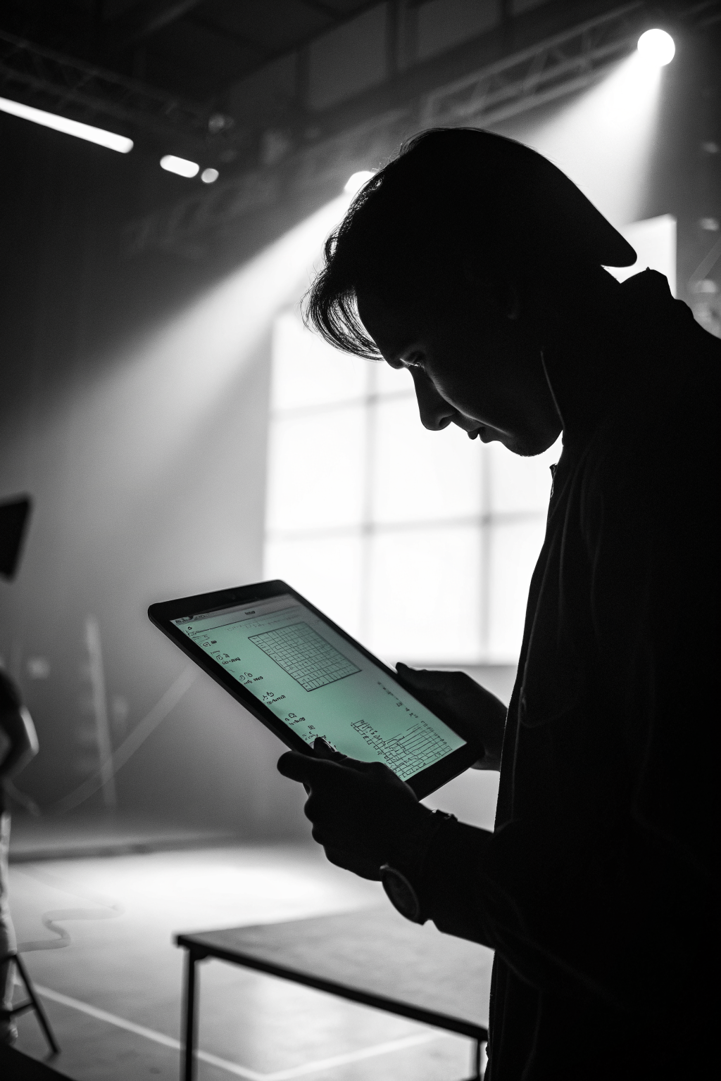 Silhouette holding tablet with measurement lines, high contrast black and white editorial photography