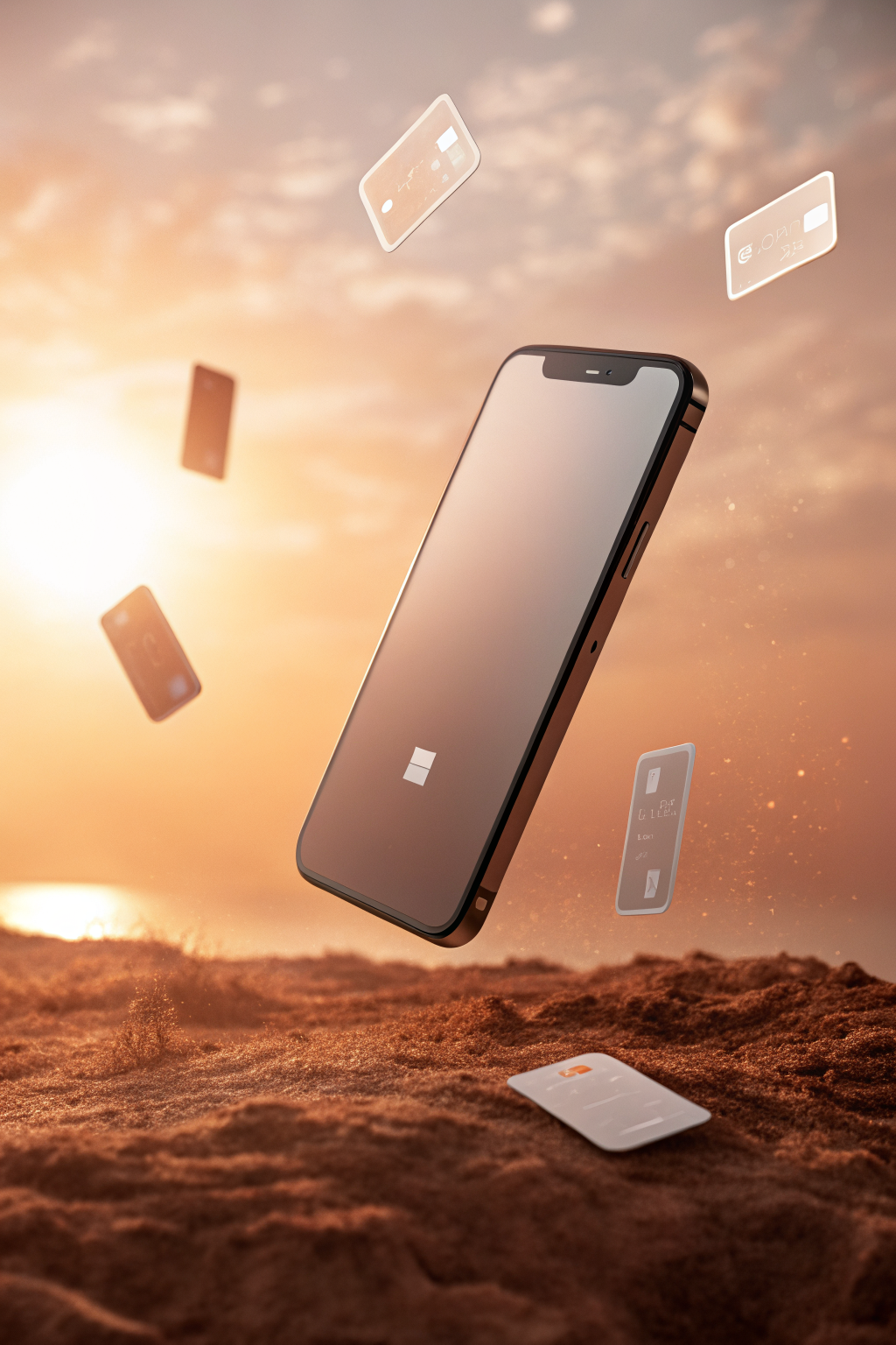 Floating smartphone with abstract UI shapes against warm amber gradient, minimalist product photography