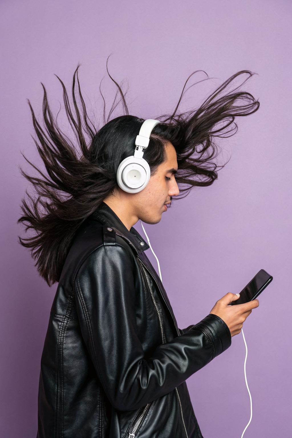Person with flowing hair wearing white headphones against lavender background, editorial fashion-tech portrait