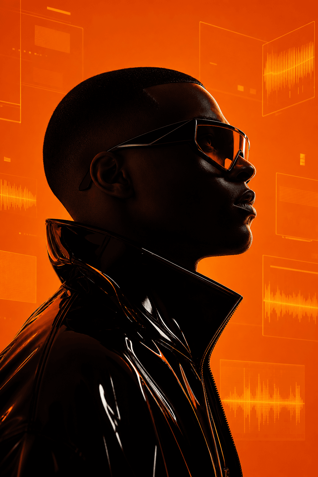 Profile portrait with futuristic sunglasses and abstract video waveform shapes suggesting multimodal AI generation