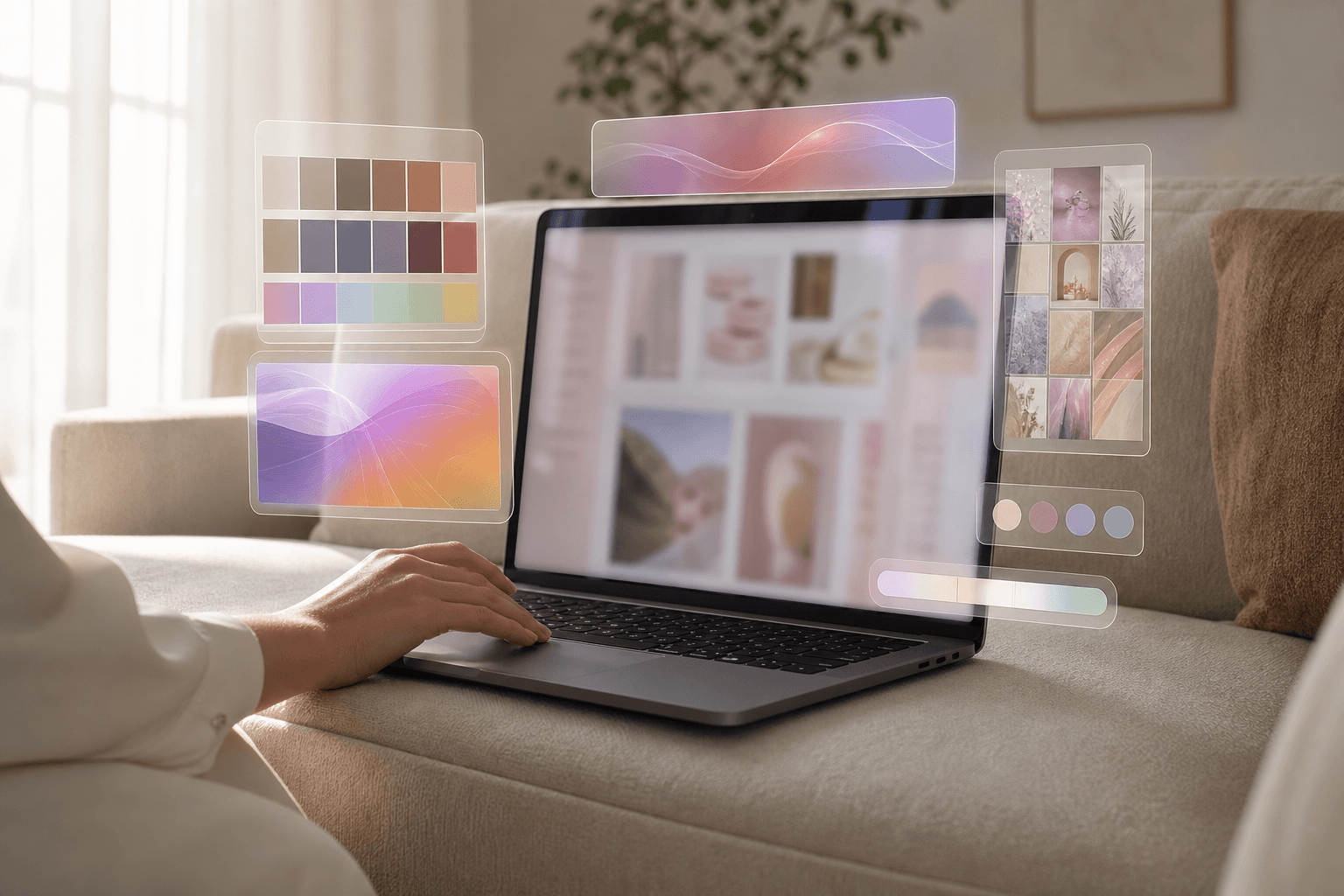 Hand on laptop with holographic design elements floating above screen, bright editorial tech-lifestyle composition