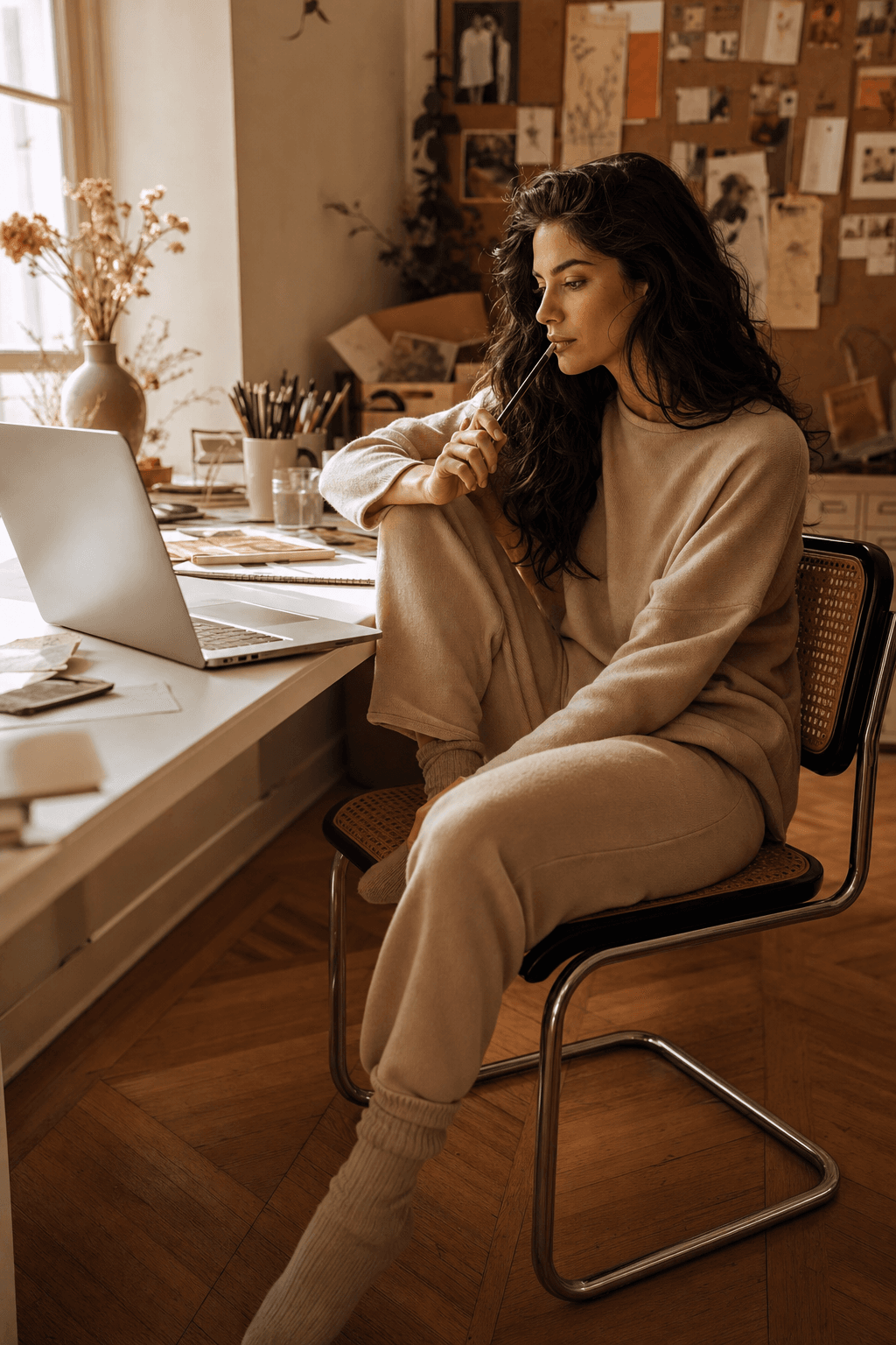 Woman working thoughtfully at a cluttered creative desk with warm natural lighting