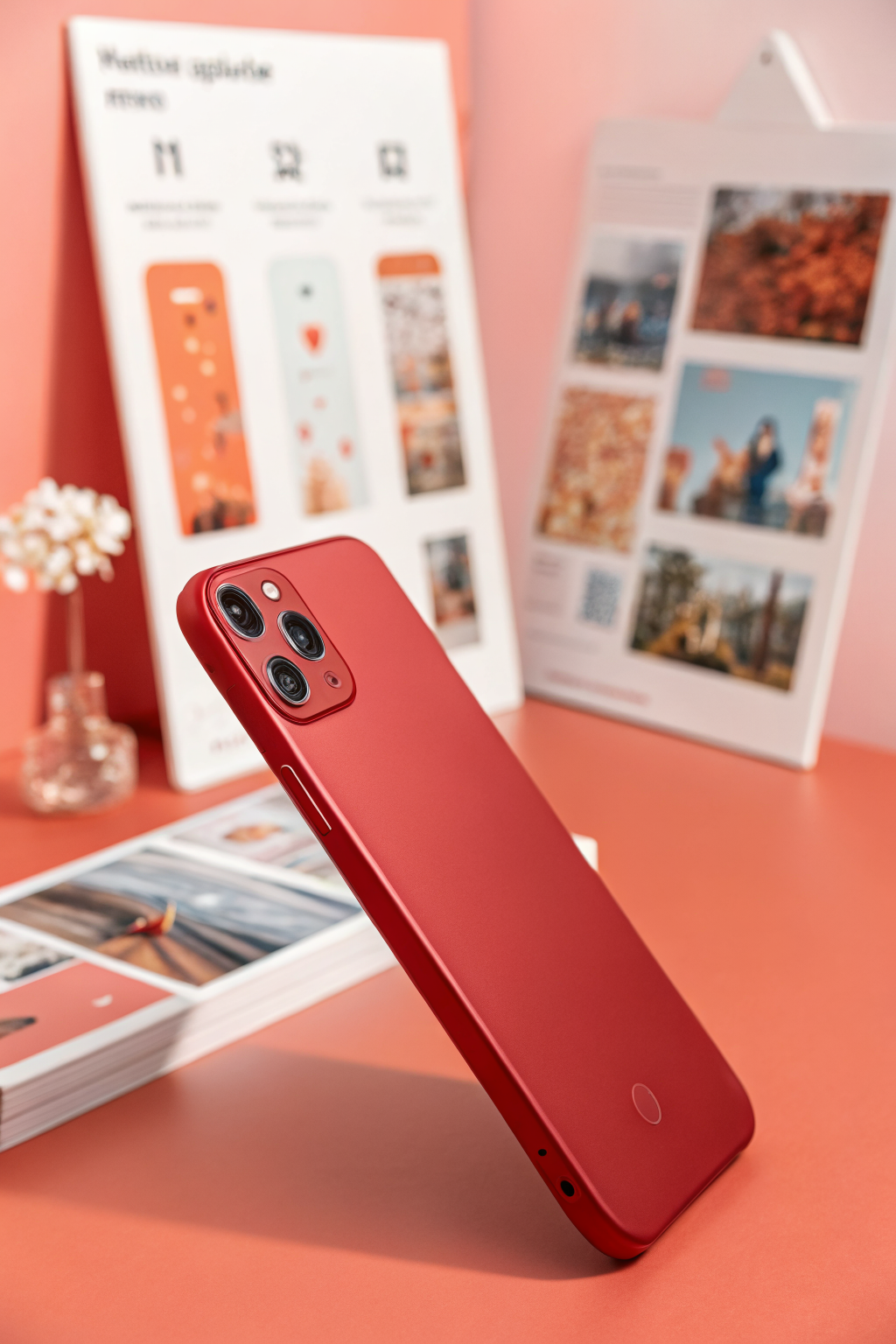 Red smartphone floating above abstract composition suggesting creative image remix