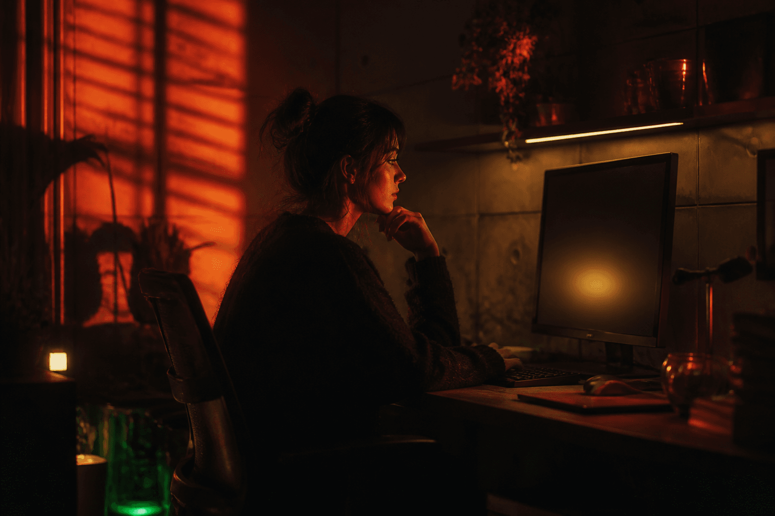 Person working at a computer in a dimly lit room with warm orange-red lighting, cinematic atmosphere