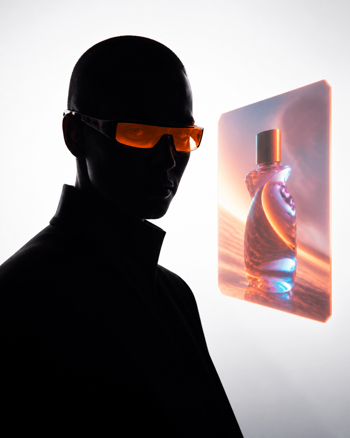 Silhouette with futuristic orange goggles representing AI image generation and editing