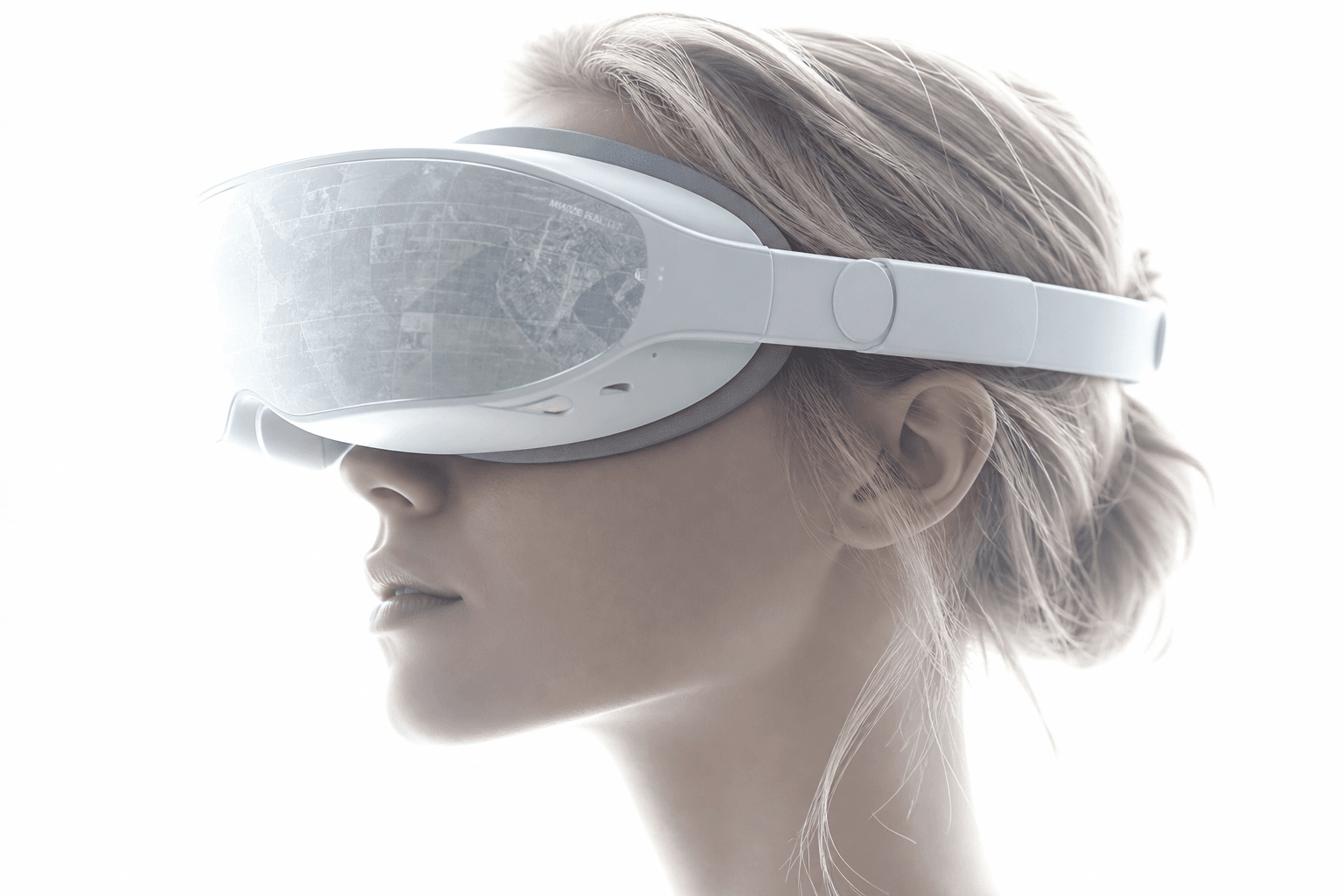 Person wearing white mixed-reality VR headset against white background with satellite grid overlay