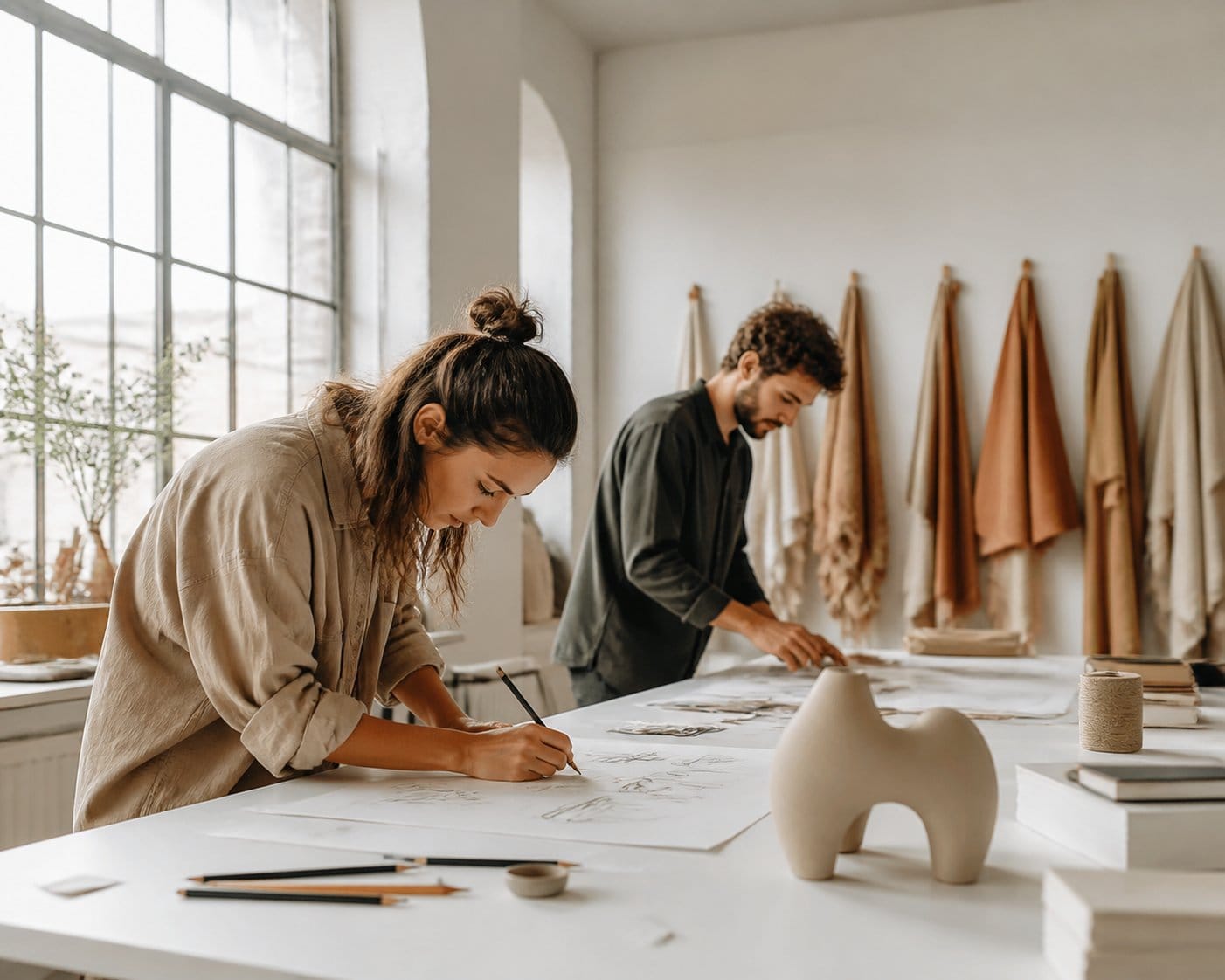 Bright airy studio workspace with sculptural 3D objects on a table near industrial windows