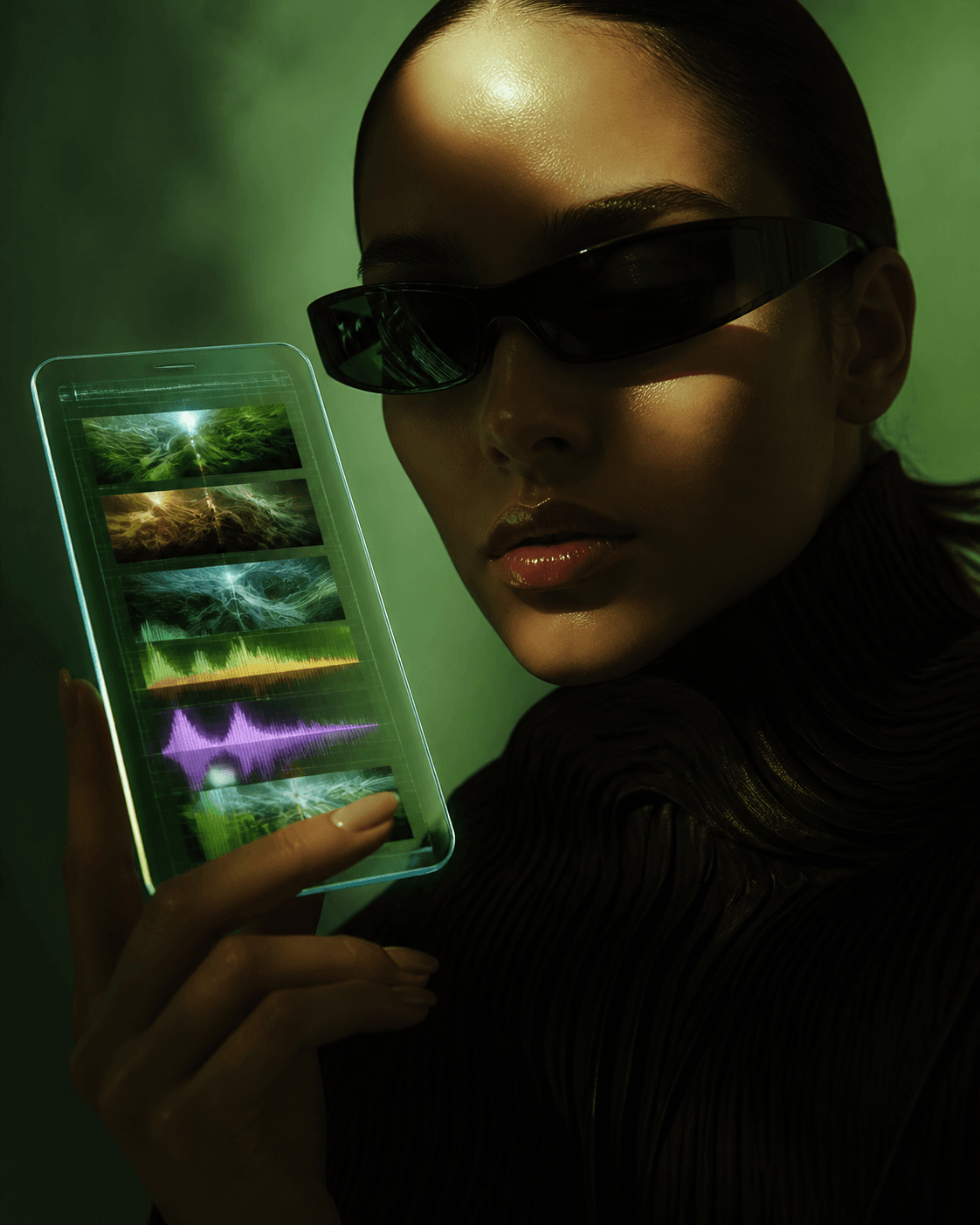 Close-up portrait of woman wearing sunglasses with glowing phone screen
