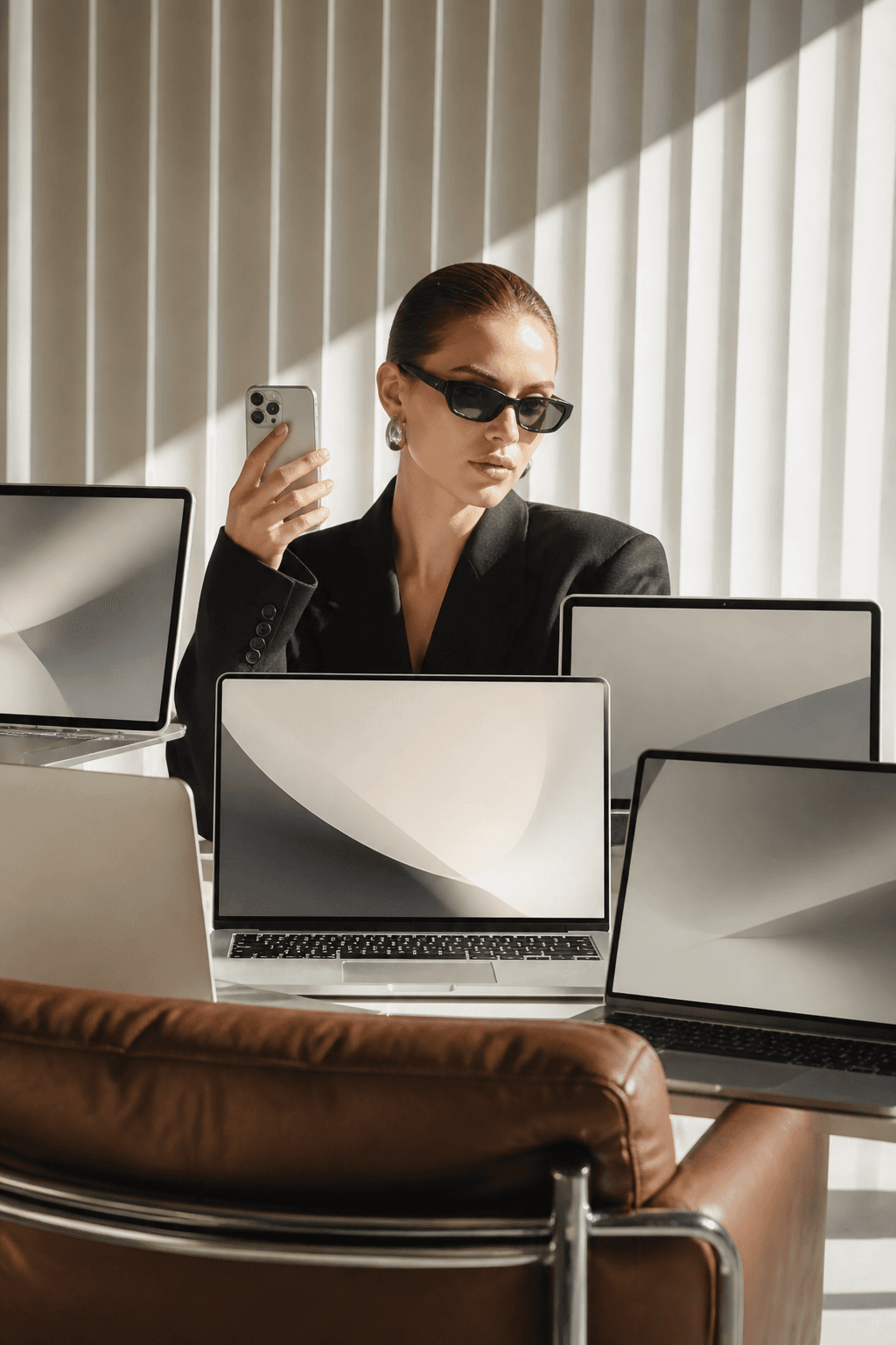Woman surrounded by multiple laptops and devices in sunlit interior, bright editorial tech-lifestyle
