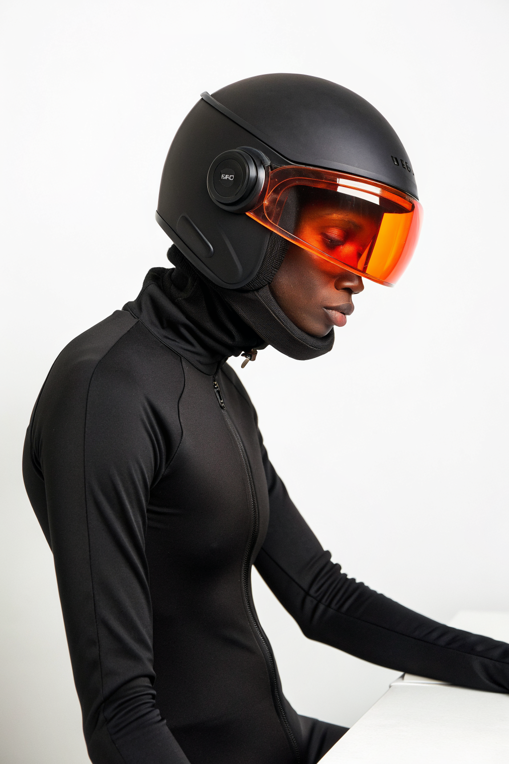 Futuristic figure with glowing orange visor suggesting transaction and deposit