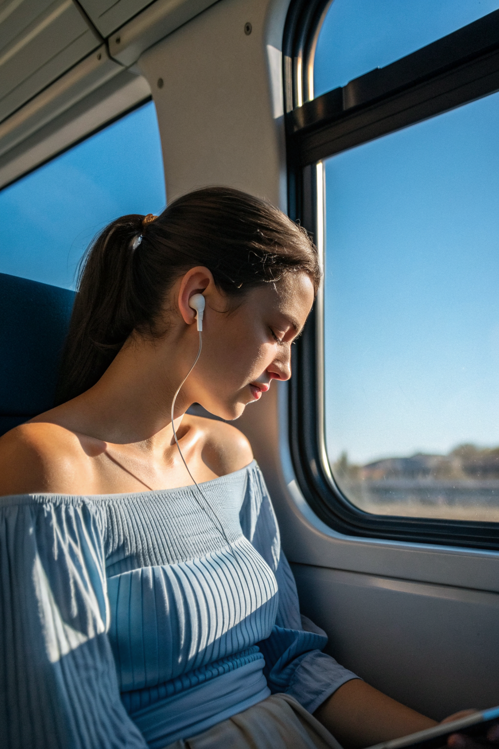 Woman on train with earbuds looking at phone, film-strip window framing suggesting gallery navigation