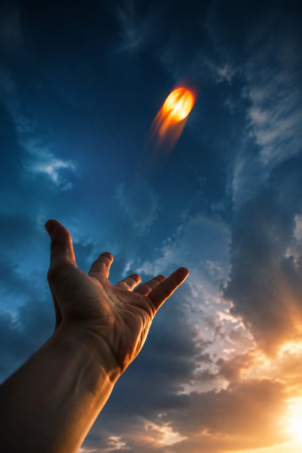 Hand tossing bright object against blue sky, cinematic editorial energy, product launch anticipation
