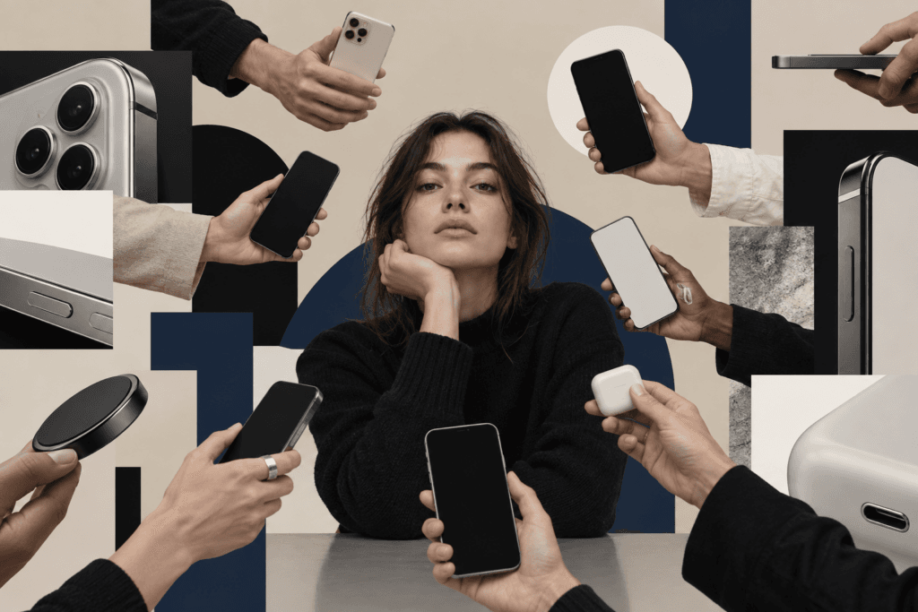 Collage-style editorial layout of hands holding devices on warm beige background