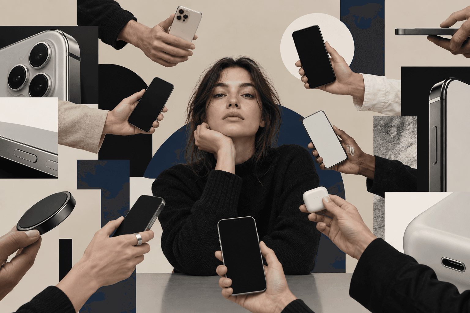 Collage-style editorial layout of hands holding devices on warm beige background