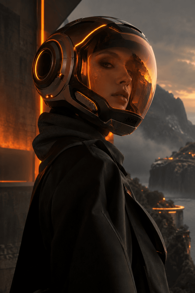 Futuristic helmet with neon orange accents for AI video production