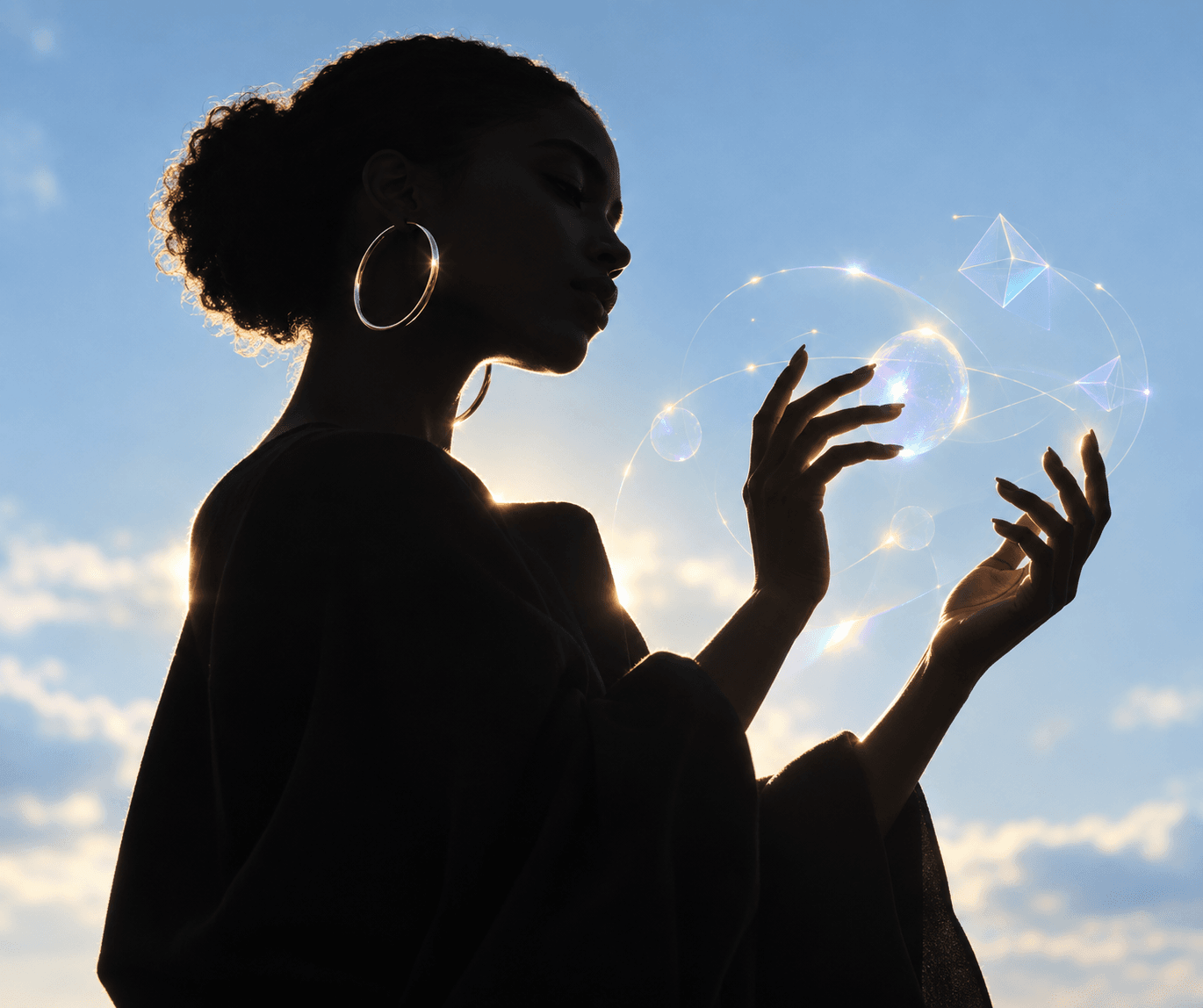 Silhouette portrait with holographic glow representing AI-powered motion graphics inside After Effects