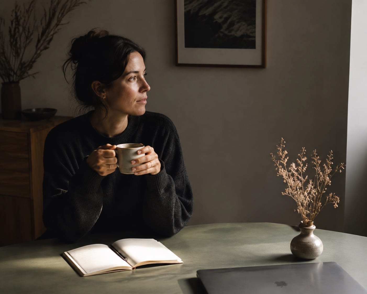 Person at minimalist green table with coffee and notebook, warm editorial lifestyle photography