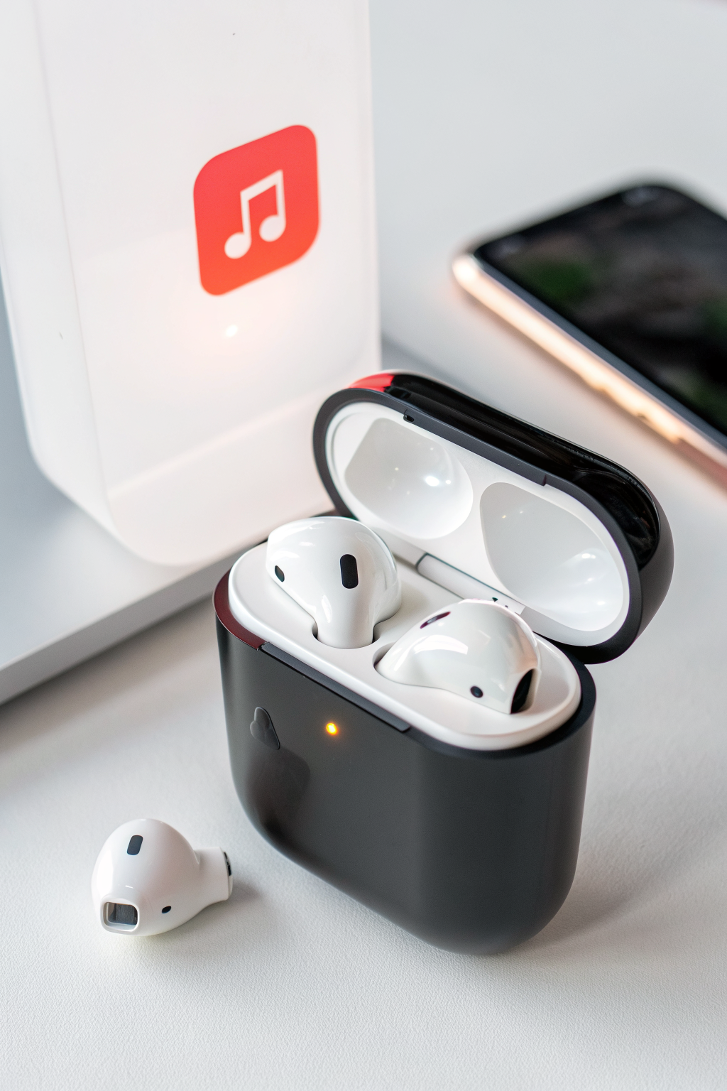 AirPods charging case with a subtle notification badge, minimalist product photography on white background