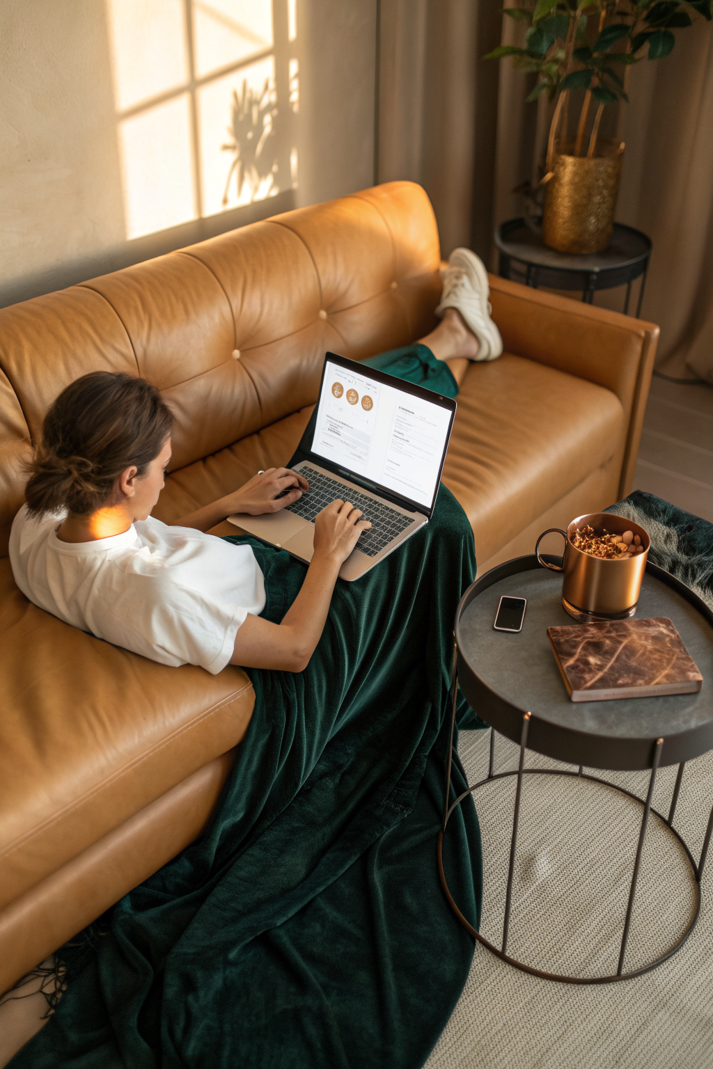 Person relaxing on a tan leather couch with a laptop in a warm interior, editorial lifestyle composition
