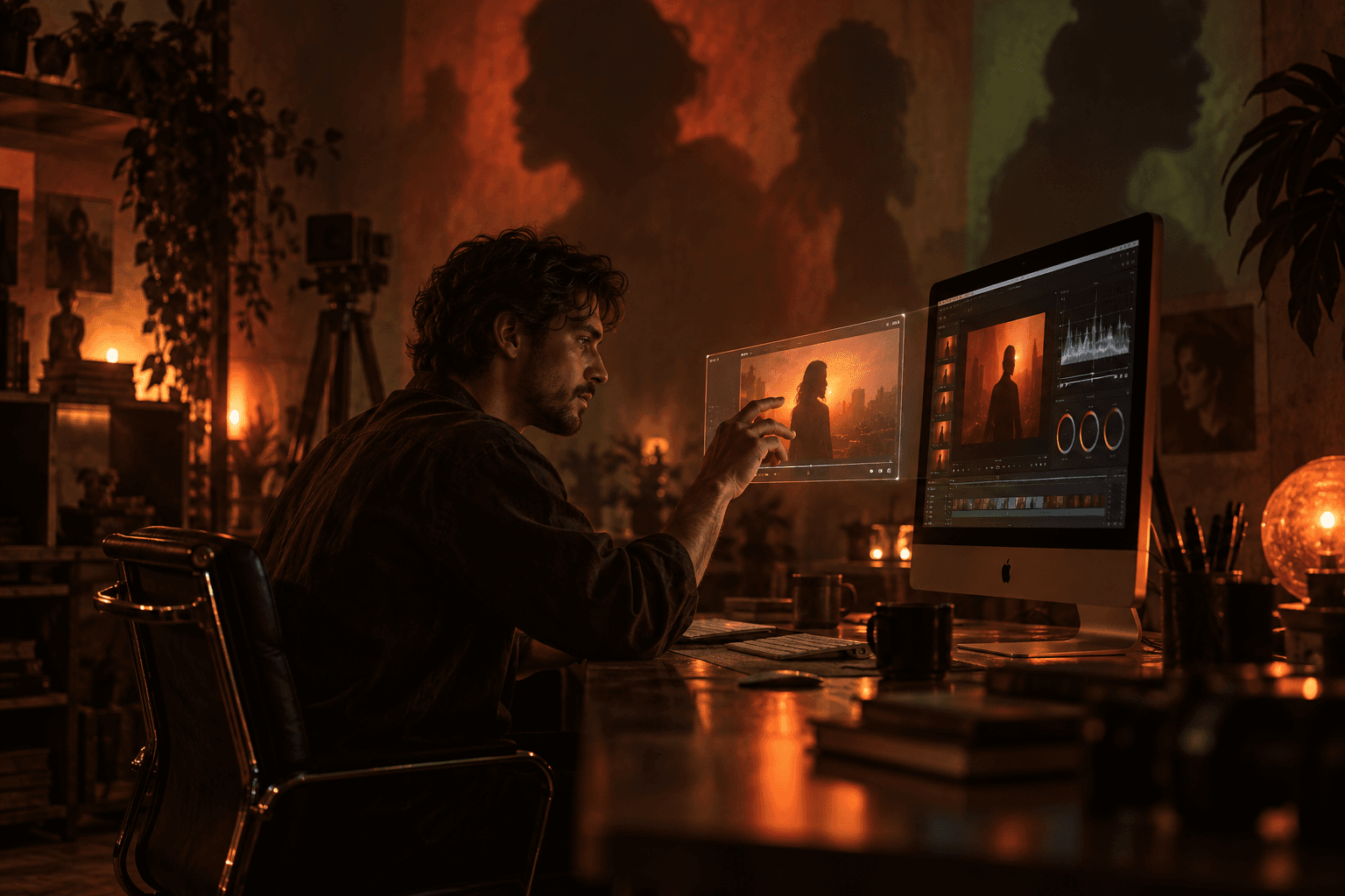 Man at computer in dim orange-lit studio adjusting floating video frame