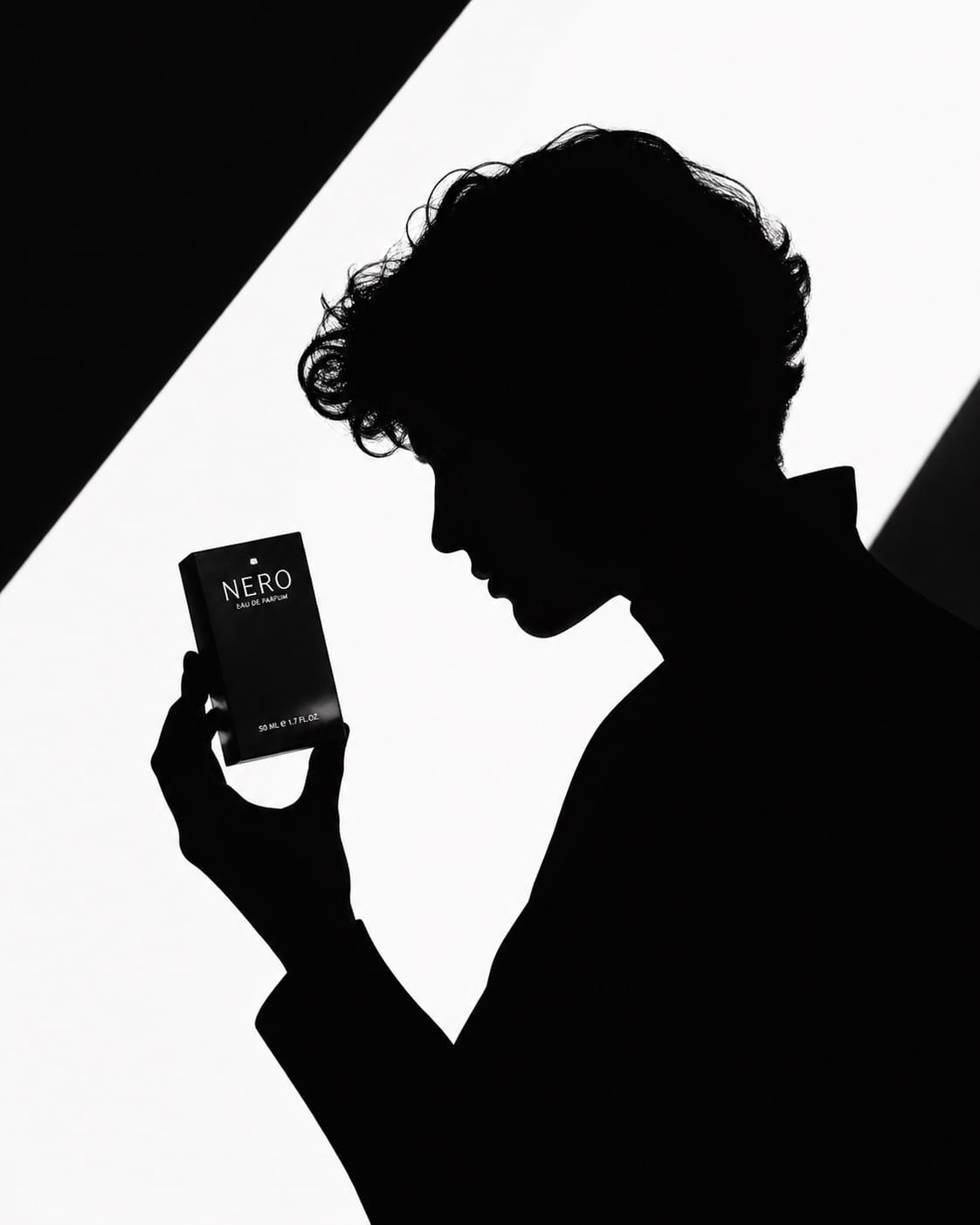 Silhouette holding product package, high contrast black and white editorial graphic
