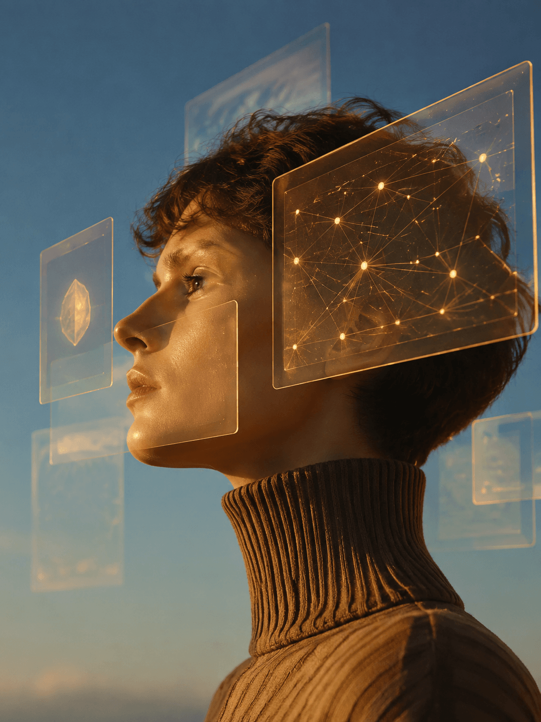 Person with floating translucent UI panels against blue sky - agentic AI concept