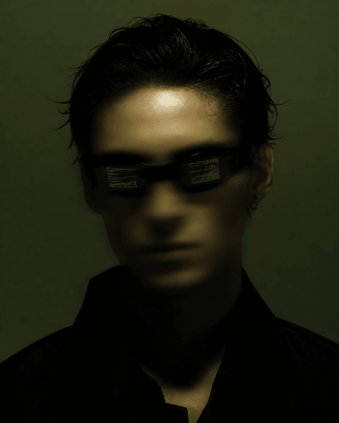 Dark moody portrait with holographic interface glow representing Runway Solaris AI generating real-time interfaces