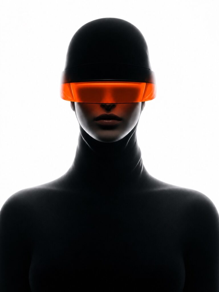 Figure in black bodysuit with orange visor, machine gaze portrait
