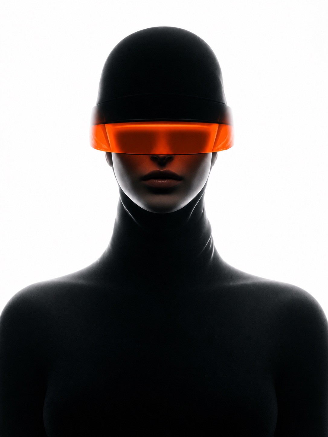 Figure in black bodysuit with orange visor, machine gaze portrait