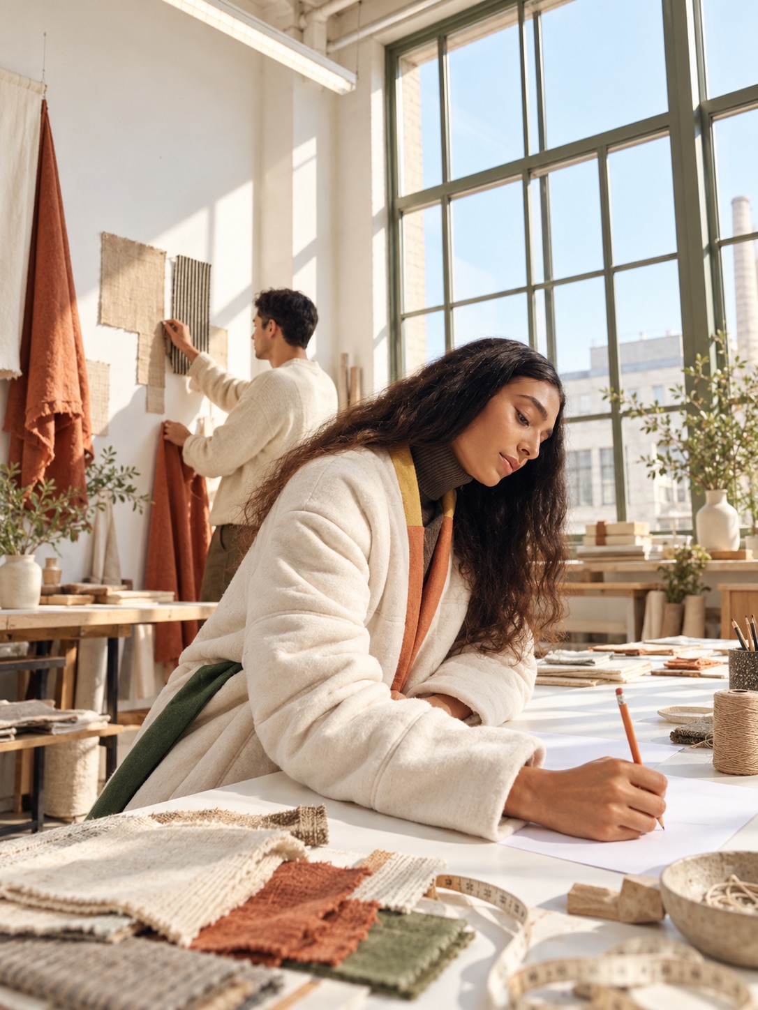 Two people at a white studio table near tall industrial windows, one writing