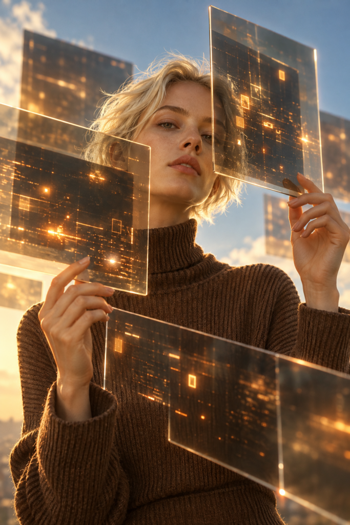 Editorial portrait with floating translucent panels showing unreadable glowing code, warm amber palette
