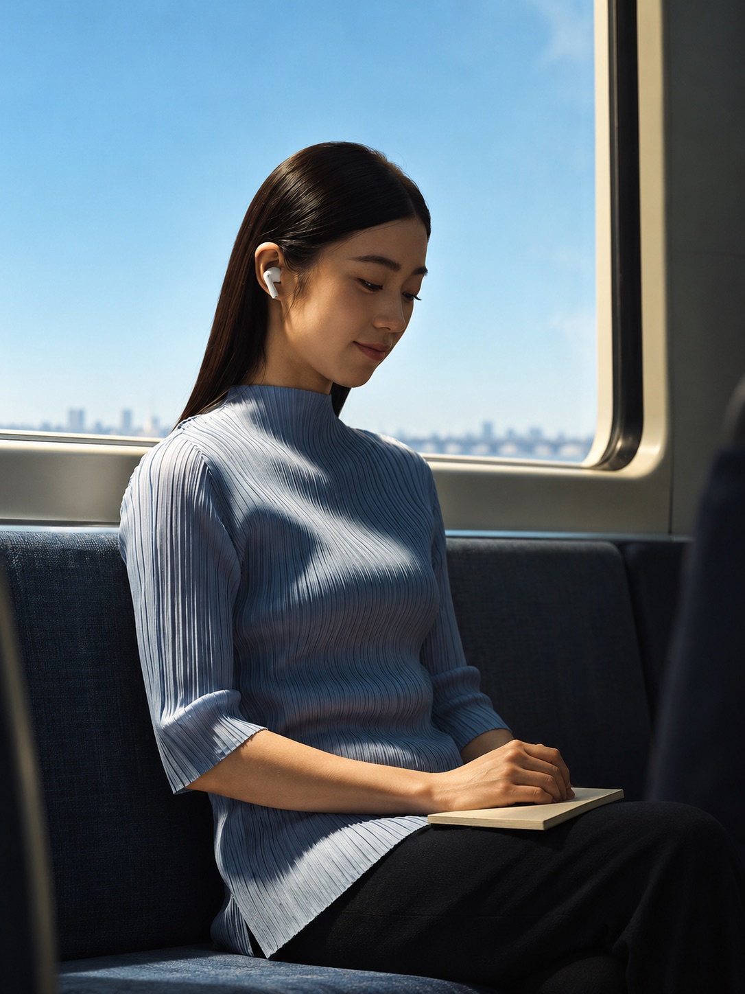 Woman on a train with earbuds resting a hand on a notebook by the window